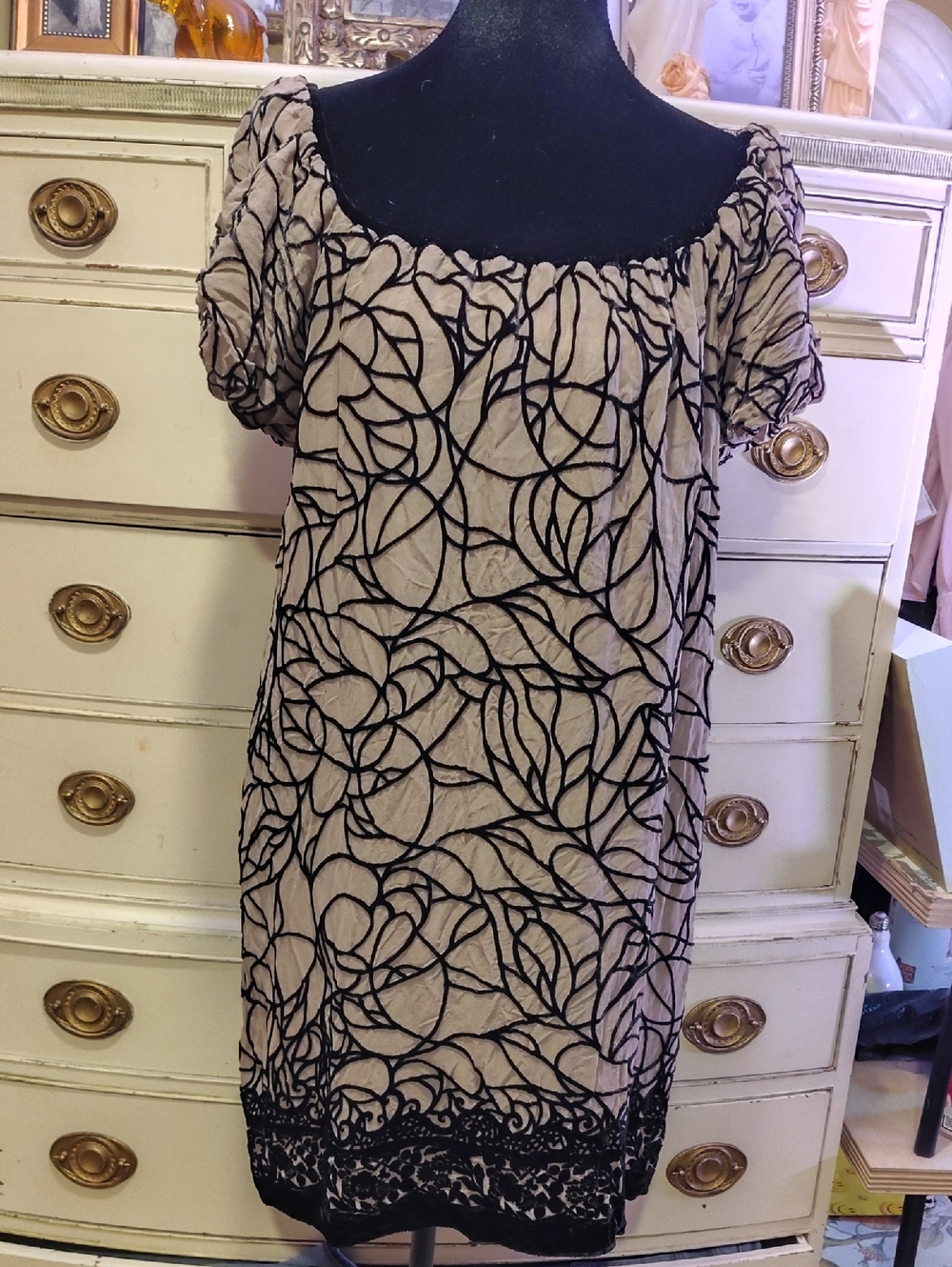 Vintage 90s Max Studio silk lace dres Floral Lace Mini Dress with Black Overlay